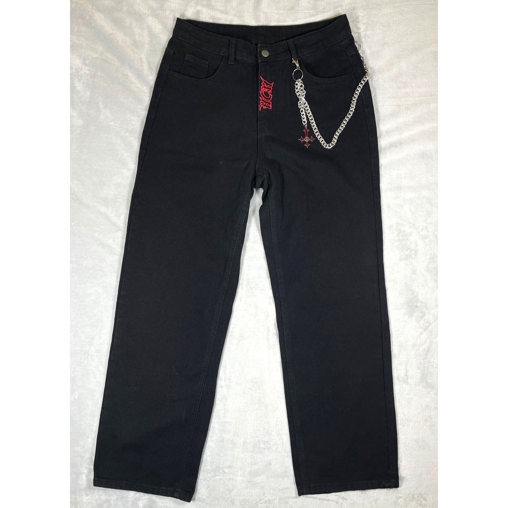 Heaven Can Wait Baggy Pants Unisex S Black Goth Punk Y2K Style Chain